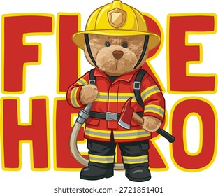 Ilustración vectorial del oso de peluche del bombero del héroe del fuego, oso lindo del rescate en uniforme de los bomberos con el hacha y la manguera, carácter plano del servicio de emergencia del diseño en el fondo blanco