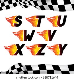 Fire and high associated speed font, letters S, T, U, V, W, X, Y, Z. Typeface symbols for logo on checkered background