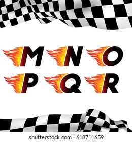 Fire and high associated speed font, letters M, N,O,P,Q, R. Typeface symbols for logo on checkered background