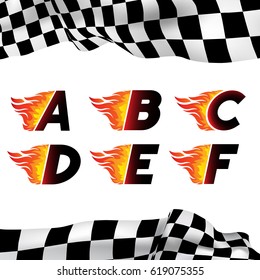 Fire And High Associated Speed Font, Letters A,B,C,D,E,F. Typeface Symbols For Logo On Checkered Background