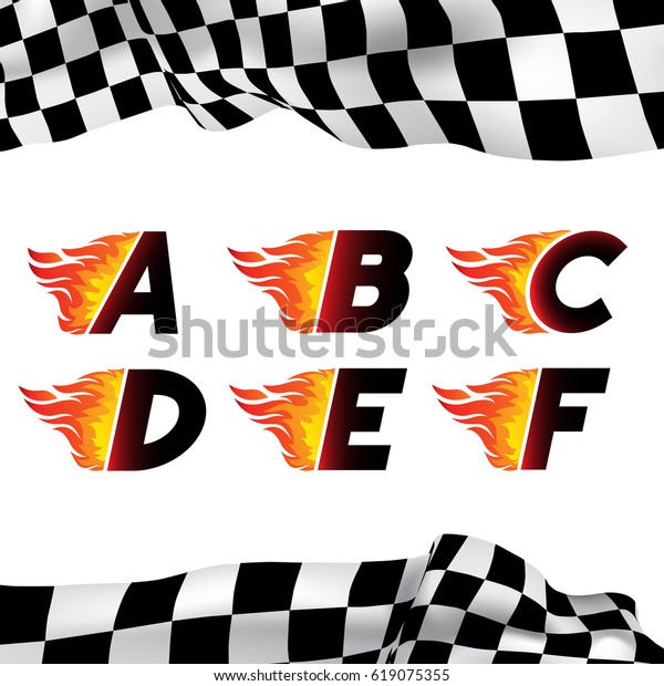 Fire and high\
associated speed font, letters A,B,C,D,E,F. Typeface symbols for\
logo on checkered\
background