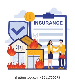 Fire and Homeowners Insurance Insurance concept vector illustration in flat cartoon style. Man and woman standing near house with insurance contract.