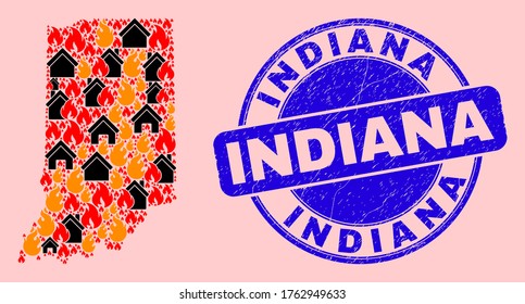 Fire and homes collage Indiana State map and Indiana grunge seal. Vector collage Indiana State map is constructed with scattered burning homes.