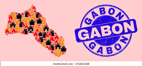 Fuego y casas collage de mapas de Kurdistán y sello de estampado de Gabón. El mapa vectorial de Kurdistán se compone de casas quemadas dispersas. El collage de mapas de Kurdistán está compuesto por afiches antidisturbios.