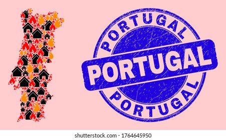 Feuer und Häuser zusammentragen Portugal Karte und Portugal Kratzer Wasserzeichen. Die Karte der Vektorgrafik Portugals ist aus verstreuten brennenden Häusern organisiert. Die portugiesische Kartencollage ist für die Brandschutzvorlagen konzipiert.