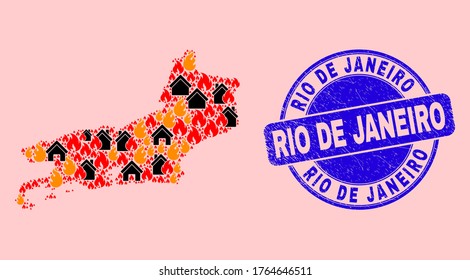 Fire and homes collage Rio de Janeiro State map and Rio De Janeiro dirty stamp. Vector collage Rio de Janeiro State map is done of randomized burning houses.