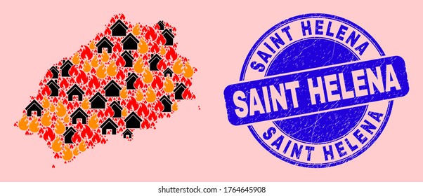 Fire and homes collage Saint Helena Island map and Saint Helena grunge stamp print. Vector collage Saint Helena Island map is made of random burning towns.