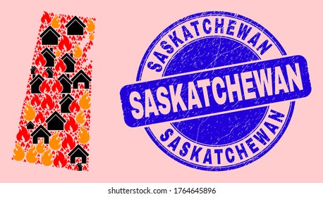 Collage de incendios y viviendas en el mapa de la provincia de Saskatchewan y el sello de caucho de Saskatchewan. El mapa de la provincia de Saskatchewan está formado por ciudades quemadas al azar.