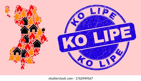 Fire and homes combination Ko Tao map and Ko Lipe unclean stamp seal. Vector collage Ko Tao map is made from scattered burning homes. Ko Tao map collage is created for fire insurance illustrations.