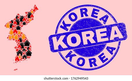 Fire and homes combination Korea map and Korea rubber seal. Vector collage Korea map is designed from scattered burning villages. Korea map collage is formed for fire protection templates.