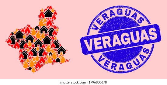 Fire and homes combination Murcia Province map and Veraguas rubber seal. Vector collage Murcia Province map is designed with randomized burning cities.