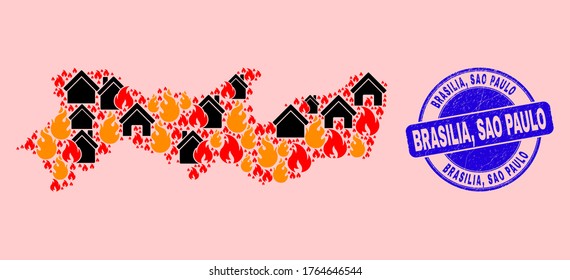 Fire and homes combination Pernambuco State map and Brasilia, Sao Paulo rubber stamp seal. Vector collage Pernambuco State map is created from randomized burning cities.