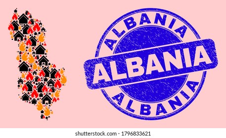 Fire and homes composition Albania map and Albania unclean watermark. Vector collage Albania map is designed of scattered burning cities. Albania map collage is composed for fire guard posters.