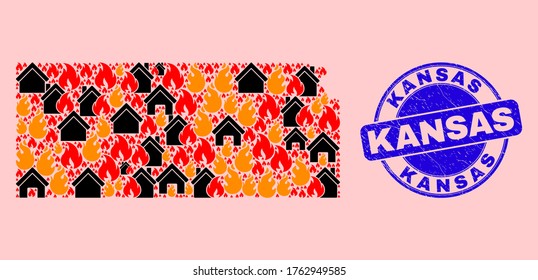Composición de incendios y casas Mapa del estado de Kansas y Sello de estampado grueso de Kansas. Collage vectorial del mapa estatal de Kansas se forma con casas quemadas al azar.