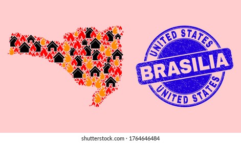 Brandkomposition und Wohnungskomposition Santa Catarina Staatskarte und U.S. Brasilia Grunge-Siegel. Die Vektorgrafik Santa Catarina Staatskarte besteht aus randomisierten Brennhäusern.