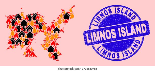 Feuer und Häuser Mosaik Limnos Island Karte und Limnos Island unklar Stempel. Die Vektorgrafik der Limnos-Inseln besteht aus verstreuten brennenden Häusern.