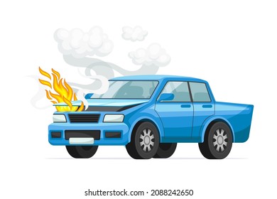 Fire from hood of damaged car, auto insurance case vector illustration