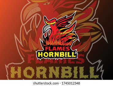 Fire hornbill vector logo is perfect to be the mascot of the player team and the esports game. can be used as a symbol, identity, label and ready to print.