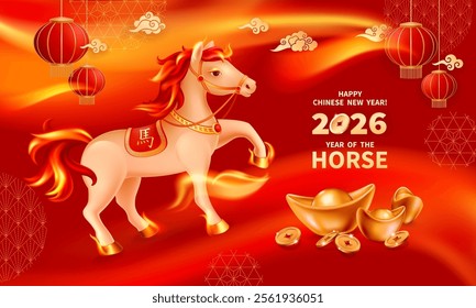 Fire Horse 2026 Chinese New Year symbol. Fire Element Zodiac animal, gold ingots Yuan Bao, chinese lanterns and coins on a red background. Vector illustration. Chinese Translation Horse