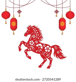 Caballo de fuego adornado con patrones florales y adornos de año nuevo chino, que simbolizan una celebración festiva y cultural.