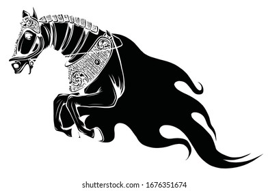 Fire horse or devil stallion symbol with head of an angry horse with bright orange and red flaming mane.
