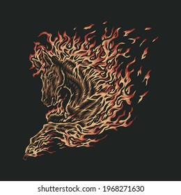 Fire horse, hand drawn line style with digital color, vector illustration