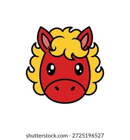 Vista frontal del icono de la cabeza del caballo de fuego con cara redonda y diseño de pegatina de pelo en llamas.