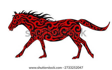 Fire Horse isolated on white background, side view. Chinese New Year stylized mustang with red flames symbol profile view. Firey steed drawn icon. Wild stallion speed run, vector design element eps 10
