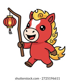 Fire horse mascot walking while carrying a stick with a red hanging lantern for festival.