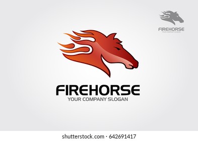 Fire Horse Vector Logo Template. Horse head illustration with a mane looking like a fire flame. Speed, freedom and strength symbol. Fire horse logo illustration.