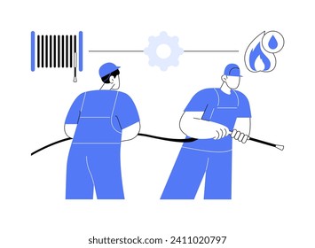 Fire hose abstract concept vector illustration. Group of rescuers extinguish the fire using hose, emergency vehicle, industrial transportation, flame prevention services abstract metaphor.