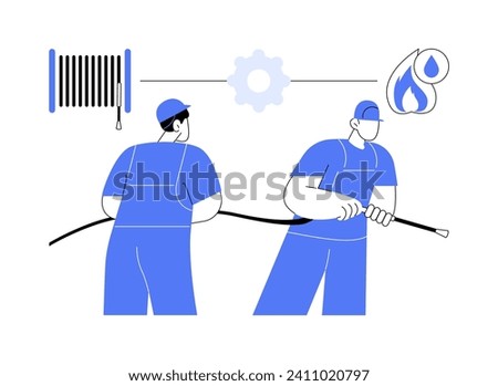 Fire hose abstract concept vector illustration. Group of rescuers extinguish the fire using hose, emergency vehicle, industrial transportation, flame prevention services abstract metaphor.