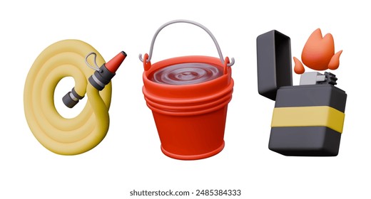 Fire hose, bucket with water, lighter with fire. Isolated elements in 3D style