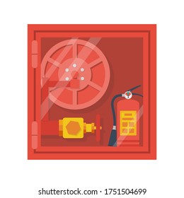 Fire hose cabinet. Equipment in the wall box. Hydrant with water hoses. Extinguish equipment. Fire hose cabinet. Red emergency box. Vector illustration flat design. Isolated on white background.