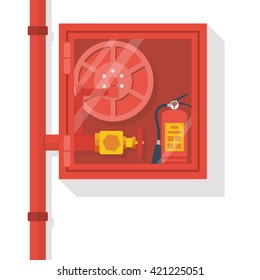 Fire hose cabinet isolate in white background. Fire-fighting equipment in the wall box. Hydrant with water hoses. Fire hose cabinet wiht equipment. Red emergency box. Vector flat design.