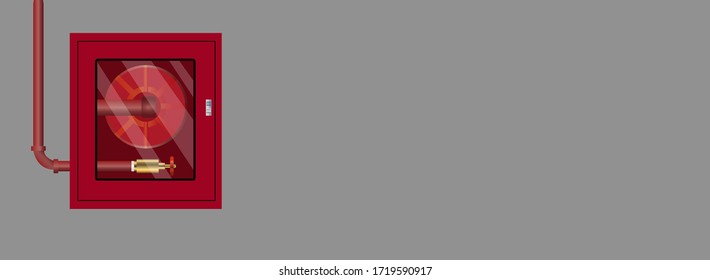 Fire hose cabinet on gray wall with free space. Vector illustration.