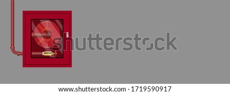 Fire hose cabinet on gray wall with free space. Vector illustration.