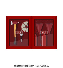 Fire hose cabinet on white background. Box with firefighter's equipment: axe, extinguisher, hose and bucket. Vector illustration