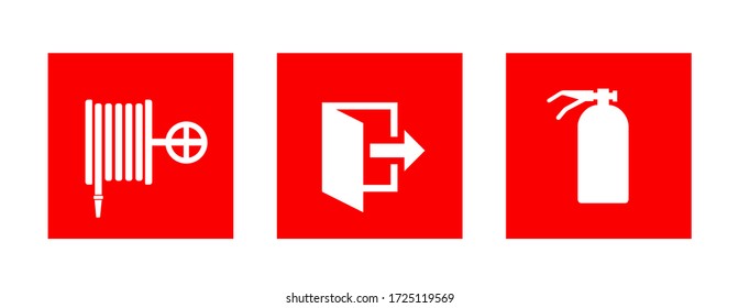 Fire hose, Fire Exit and Extinguisher vector flat icon isolated.