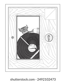 Fire hose or firehose vector icon. Include nozzle, hose reel. Extinguisher or safety equipment tool in steel box wall for firefighter to extinguish, fighting fire, protection and rescue in emergency.