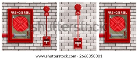Fire hose reel box and pull station alarm systems on brick wall for emergency safety equipment.