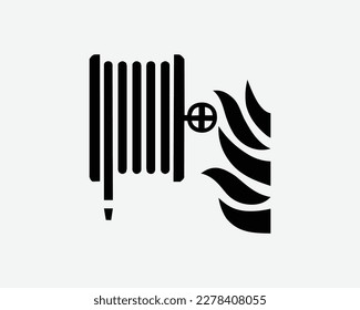 Fire Hose Reel Hydrant Extinguisher Pipe Equipment Flame Black White Silhouette Sign Symbol Icon Clipart Graphic Artwork Pictogram Illustration Vector