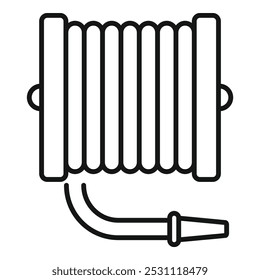 Icono del carrete de la manguera del fuego en estilo del contorno que muestra el equipo del espray de agua para la lucha contra el fuego, la extinción del fuego y las situaciones de emergencia