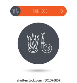Fire hose reel icon. Fire station sign. Gray flat circle button. Orange button with arrow. Vector