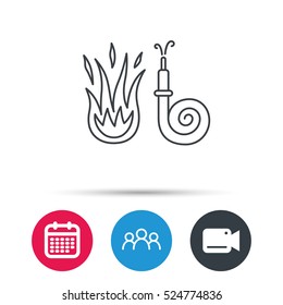 Fire hose reel icon. Fire station sign. Group of people, video cam and calendar icons. Vector