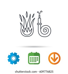 Fire hose reel icon. Fire station sign. Calendar, cogwheel and download arrow signs. Colored flat web icons. Vector
