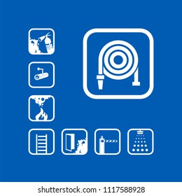 Fire hose reel icon. White sign on the blue background. Graphic pictograms. Exclusive symbols. Set of isolated vector icons.