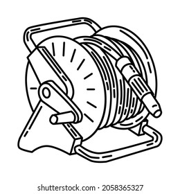 Fire Hose Reel Part of Firefighter Accessories and Equipment Device Hand Drawn Icon Set Vector.