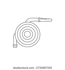 Ícone torcido de mangueira de fogo com contorno preto, lineart vetorial para sinalização de equipamentos de combate a incêndios, materiais de preparação de emergência.