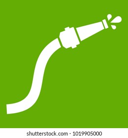 Fire hose with water drops icon white isolated on green background. Vector illustration